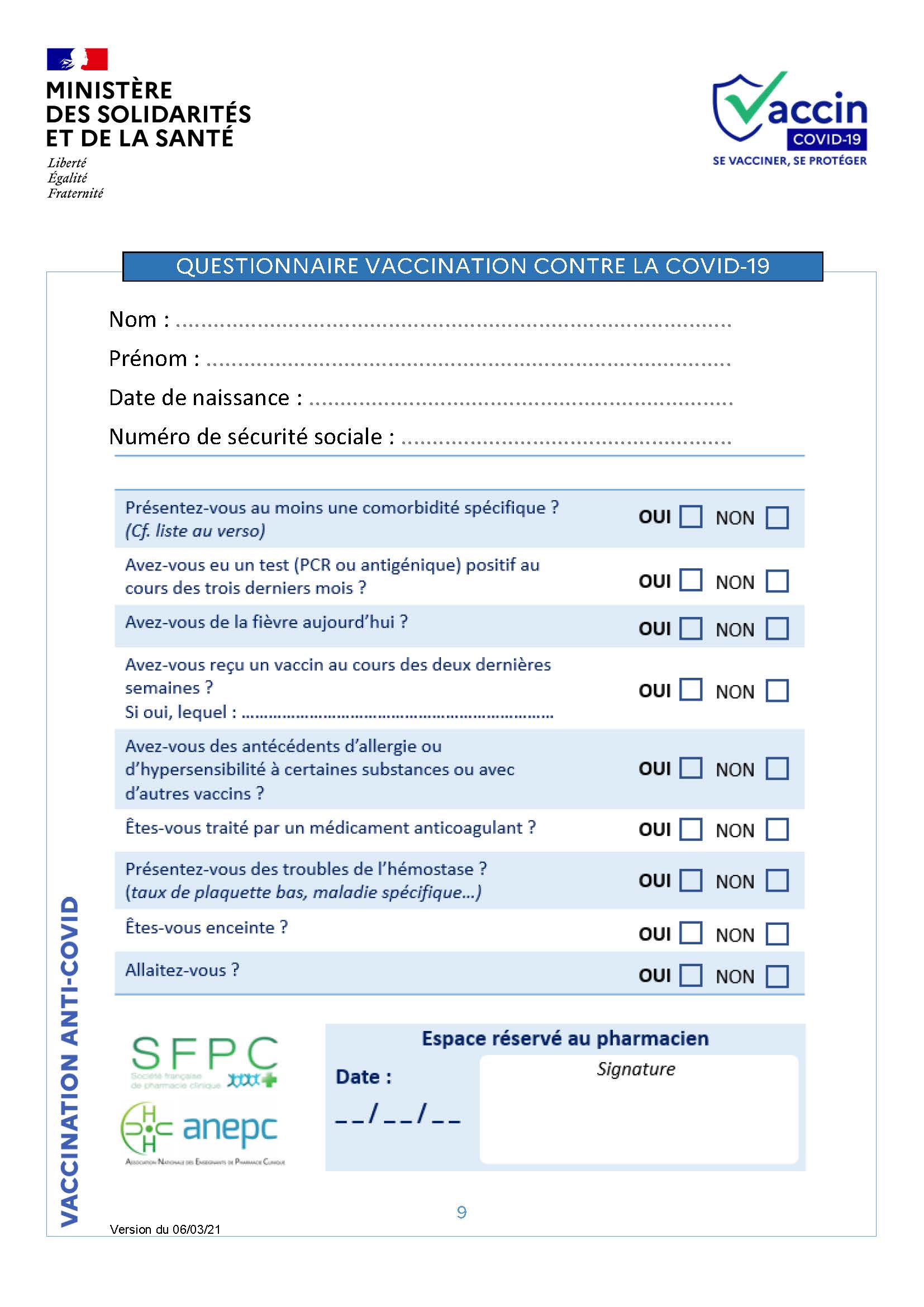 Questionnaire vaccination contre la covid 19 pour pharmaciens